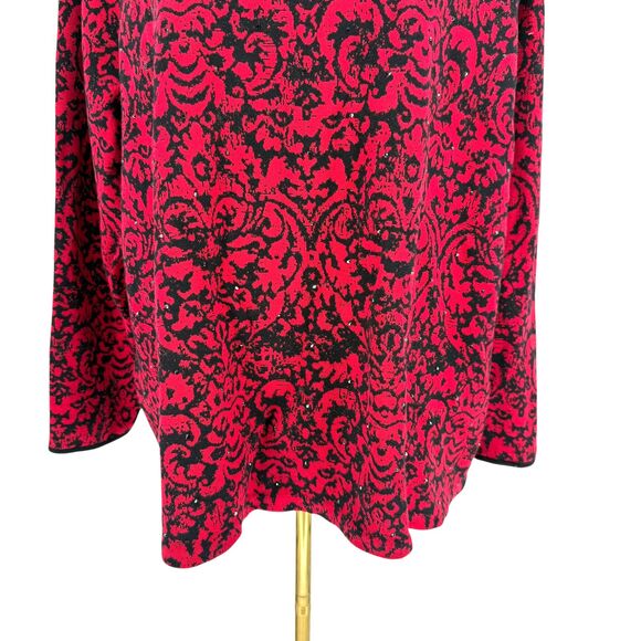 J. Jill Jacquard Tunic Sweater 3X Red Black Damask Rhinestone Sparkle Holiday - Picture 6 of 11
